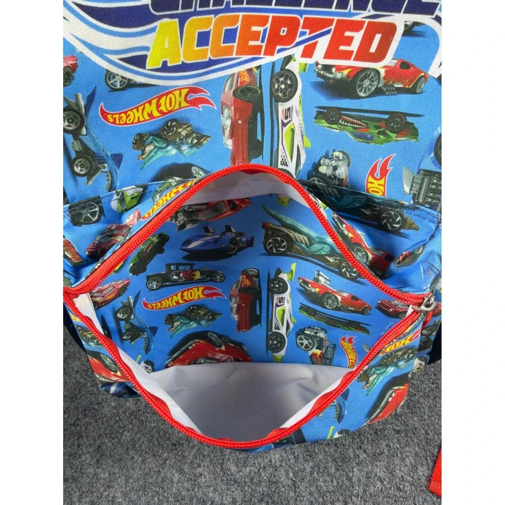 Hot Wheels Challenge Accepted Kids Blue Backpack Car Print School Bag Red Trim